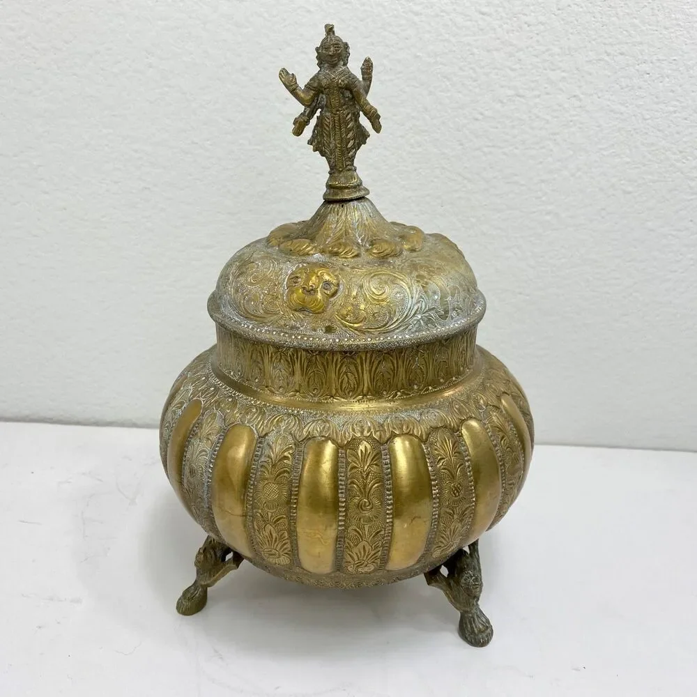 Vintage Hindu Goddess Laxmi Large Brass Pot & Lid Prosperity Abundance Light